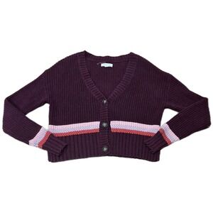 Aeropostale Womens XS Purple Striped Cropped Cardigan Sweater V-Neck Knit